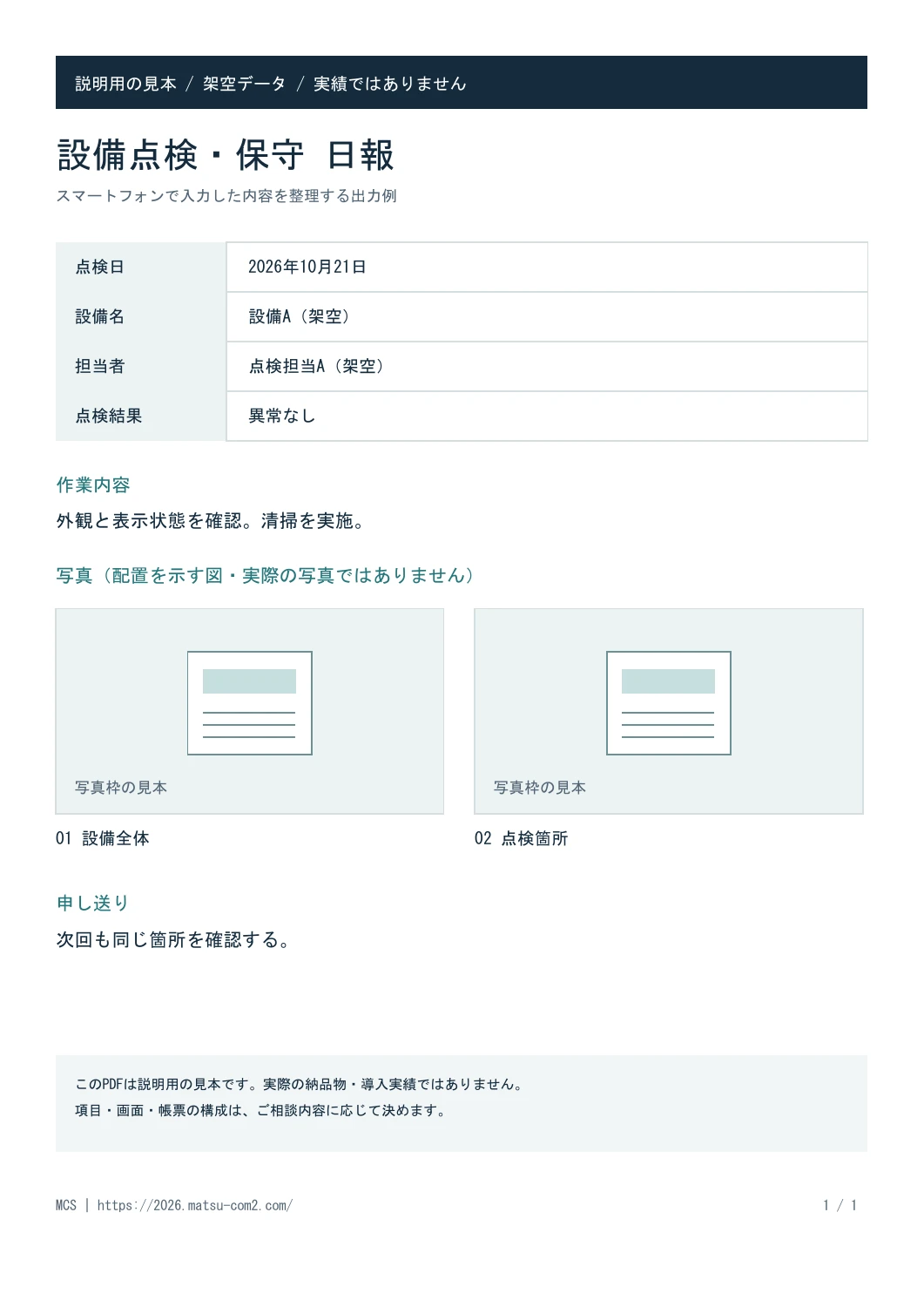 架空の設備Aの点検日報。入力画面と同じ7項目を整理し、設備全体と点検箇所の写真枠を並べたA4帳票の見本